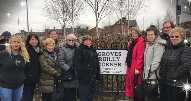 Throughout the Troubles the junction of the Glen and Falls Road was home to an intensely fortified RUC barracks. The barracks was demolished in 2005 and gradually redeveloped over the years. In January (2019) it was renamed in honour of activists Emma Groves and Clara Reilly who campaigned for decades against plastic bullets (Groves was blinded in 1972 by a plastic bullet fire by a Paratrooper) and founder members of Relatives For Justice (web). (source: https://extramuralactivity.com/2019/08/07/groves-reilly-corner/) 