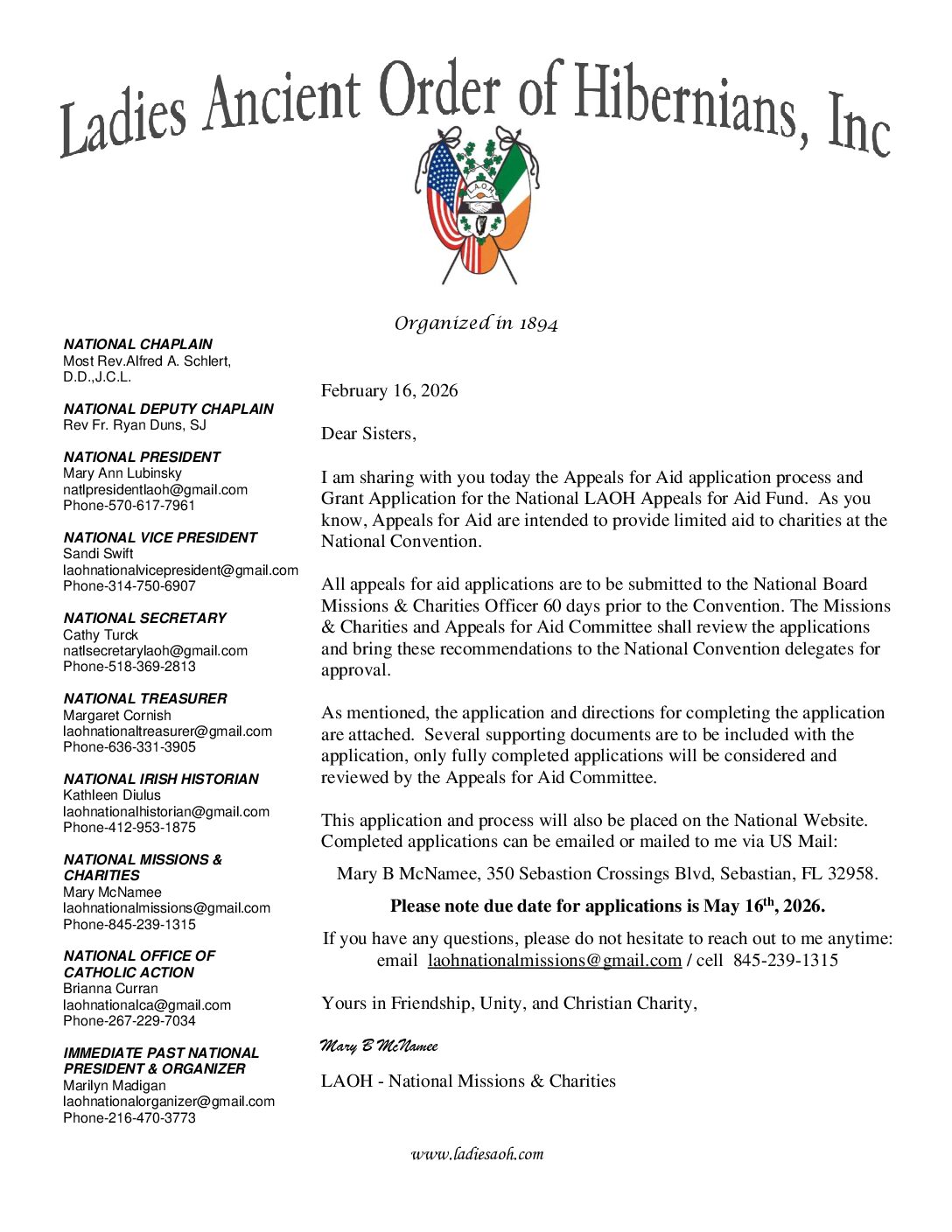 Appeals for Aid 2026 Letter